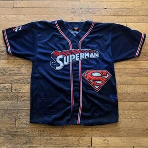 Vintage Superman Baseball Jersey Mens Large Button Up DC Warner Bros